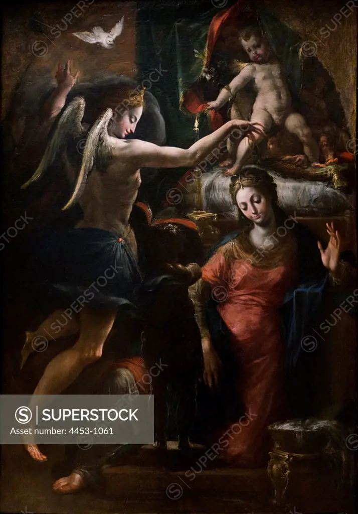 Attributed to Parmigianino; Italian; Parma 1503-1540 Casalmaggiore; The Annunciation; Oil on wood.
