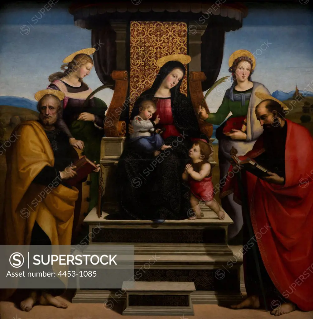 Madonna and Child Enthroned with Saints by Raffaello Sanzio or Santi called Raphael (Urbino 1483-1520 Rome) Oil and gold on wood.