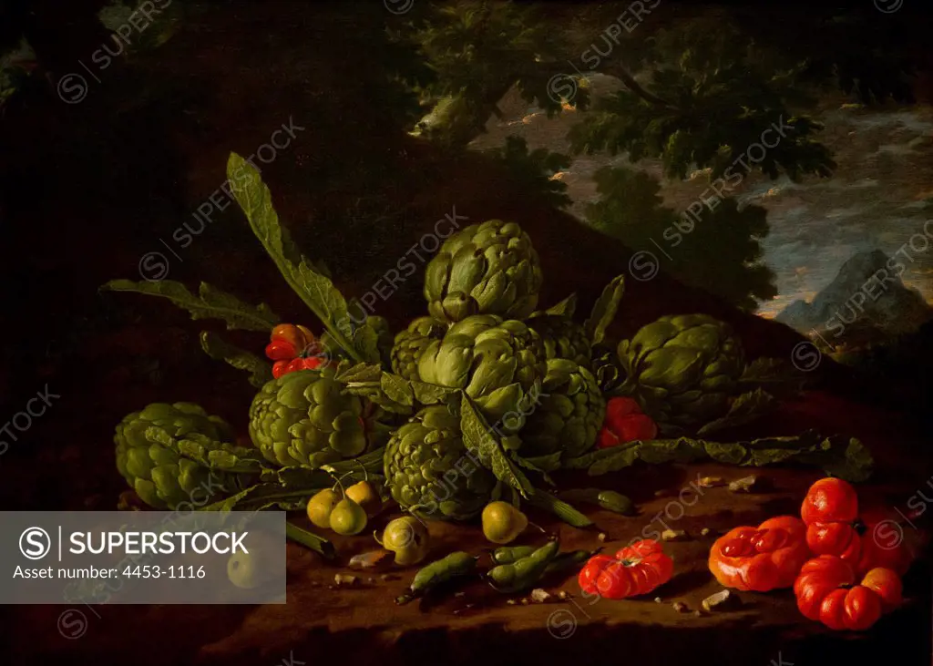 Still Life of Artichokes and Tomatoes in Landscape by Luis Egidio Melendez or Menendez (Naples 1716-1780 Madrid) Oil on canvas.