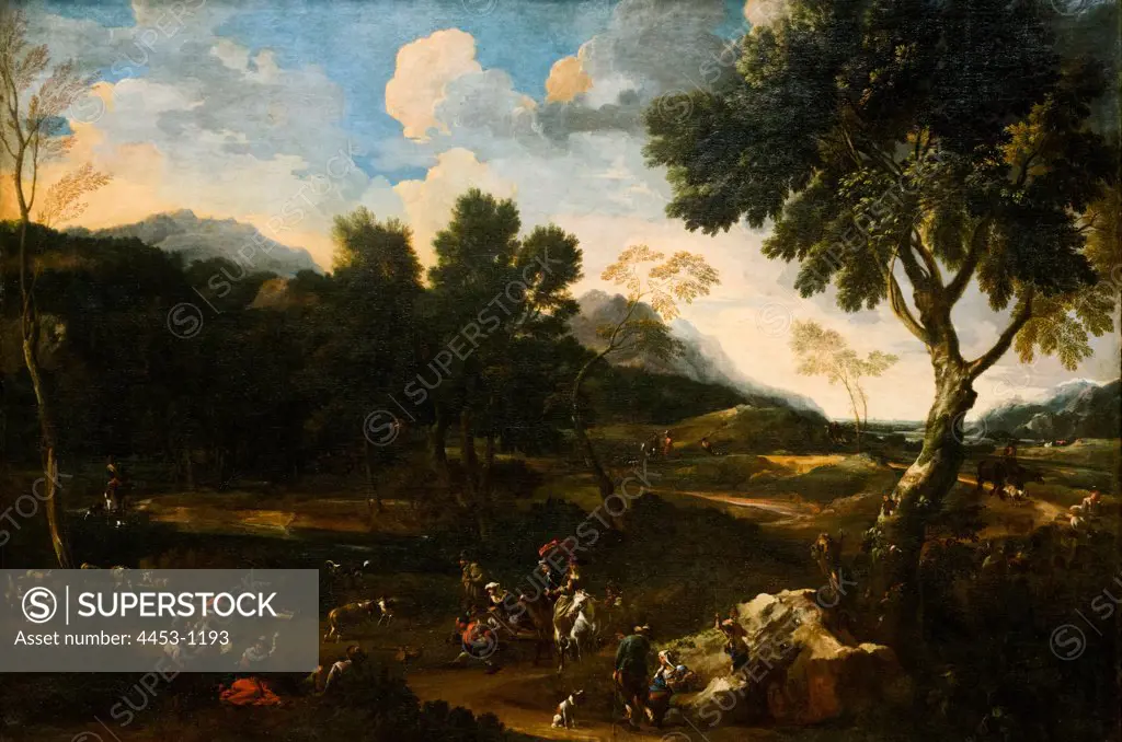 Jan Miel; Flemish; Beveren 1599-1664 Turin; Landscape with a Battle between Two Rams; ca.1640; Oil on canvas.