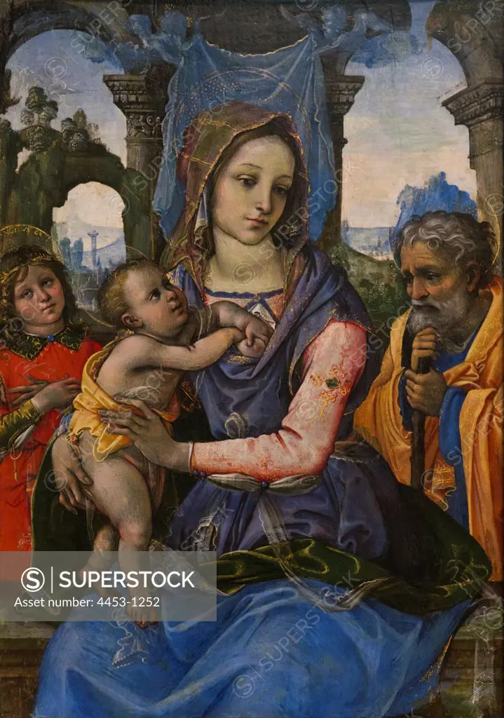 Raffaellino del Garbo (also known as Raffaelle de' Capponi and Raffaelle de' Carli); Italian; Florence 1466 -1524 Florence; Madonna and Child with Saint Joseph and an Angel; tempera on canvas; transferred from wood.