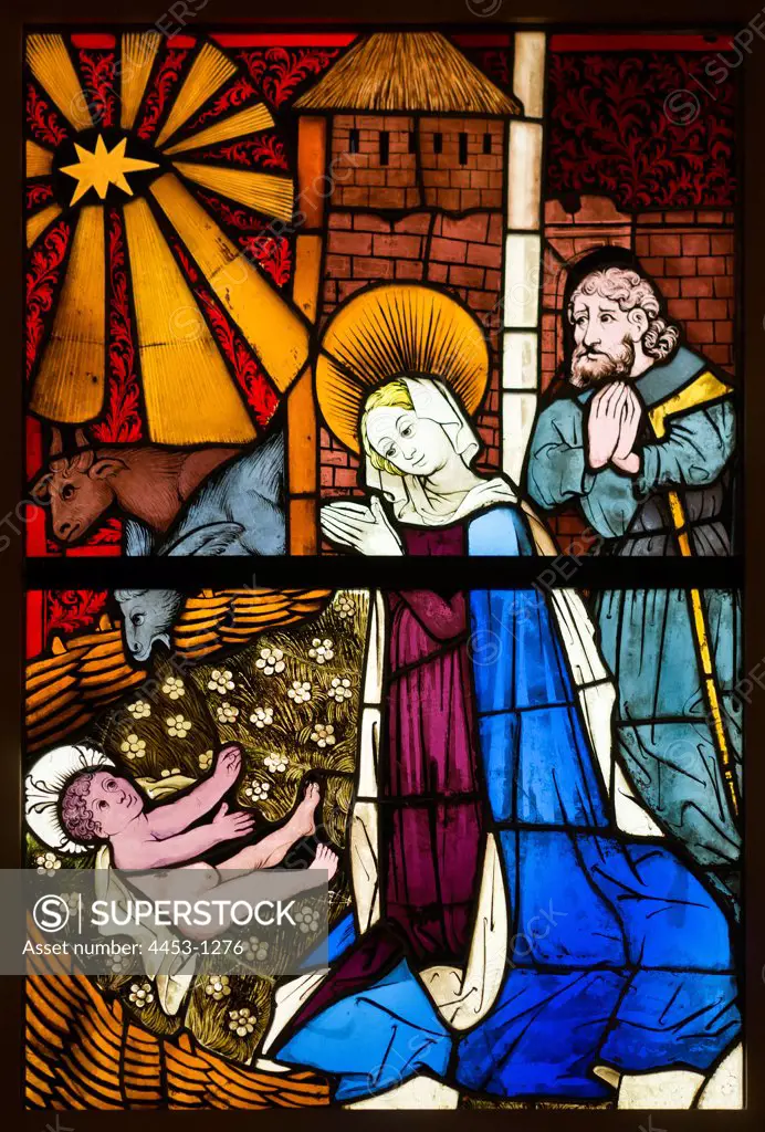 The Nativity; Pot-metal glass. 1444 artist unknown