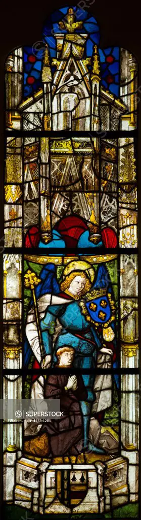 Saint Michael and Donor in Canopied Niche; Pot-metal glass. artist unknown