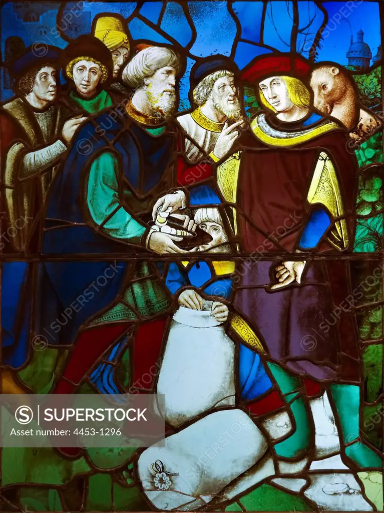 Joseph's brothers discovering money in grain sacks; Colored; stained; and enameled glass.