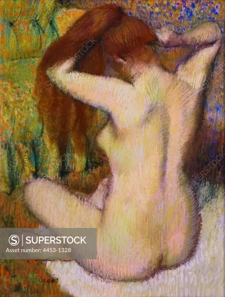 Edgar Degas; French; 1834-1917; Woman Combing Her Hair; Ca. 1888-90; Pastel on light green wove paper.