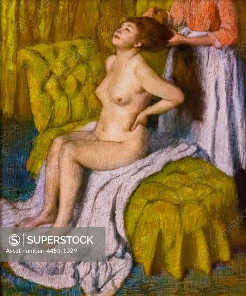 Edgar Degas; French; 1834-1917; Woman Having Her Hair Combed; ca. 1886-88; Pastel on light green wove paper; now discolored to; warin gray; affixed to original pulpboard mount.