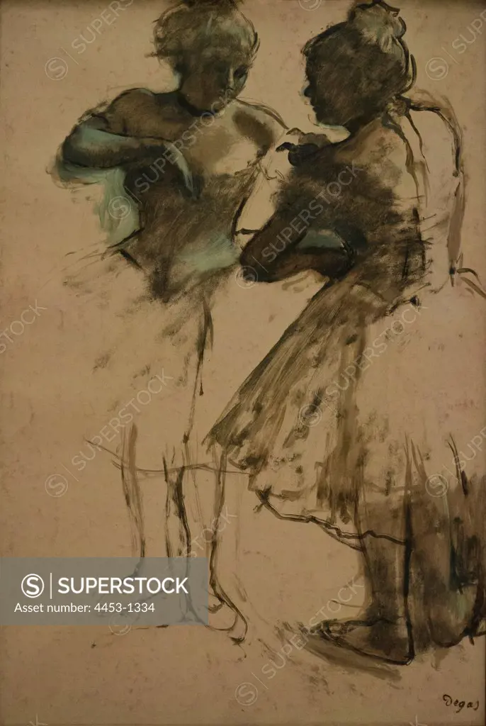 Edgar Degas; French; 1834-1917; Two Dancers; 1873; Dark brown wash and white gouache on bright pink; commercially coated wove pape.