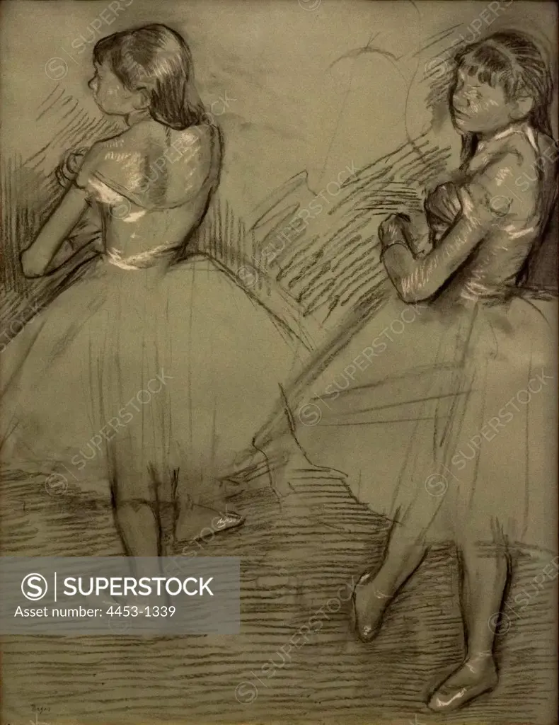 Edgar Degas; French; 1834-1917; Two Dancers; ca. 1879; Charcoal and white chalk on green commercially coated wove paper.
