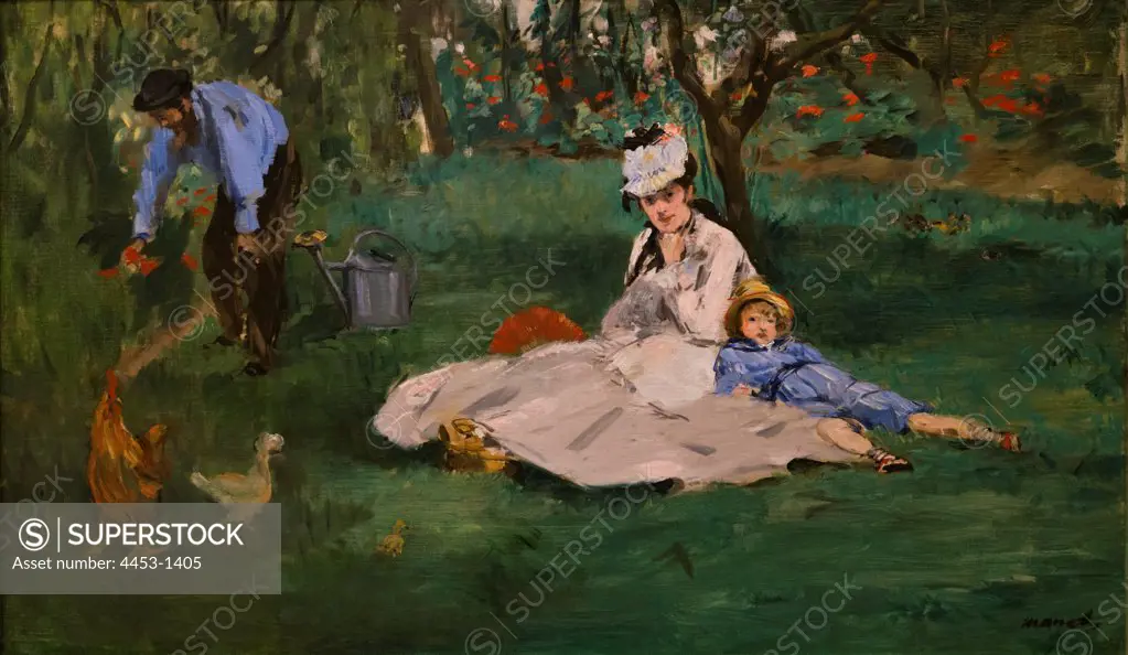 Edouard Manet; French; Paris 1832-1883 Paris; The Monet Family in Their Garden at Argenteuil; 1874; Oil on canvas.