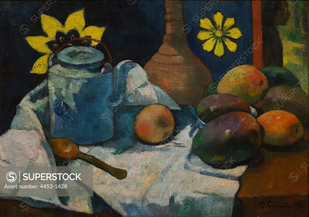 Paul Gauguin; French; paris 1848-1903 Atuona; Hiva Oa; Marquesas Islands; Still Life with Teapot and Fruit; 1896; Oil on canvas.