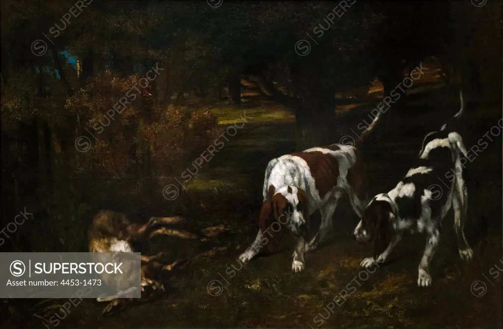 Gustave Courbet; French; 1819-1877; Hunting Dogs with Dead Hare; ca. 1858-59; Oil on canvas.