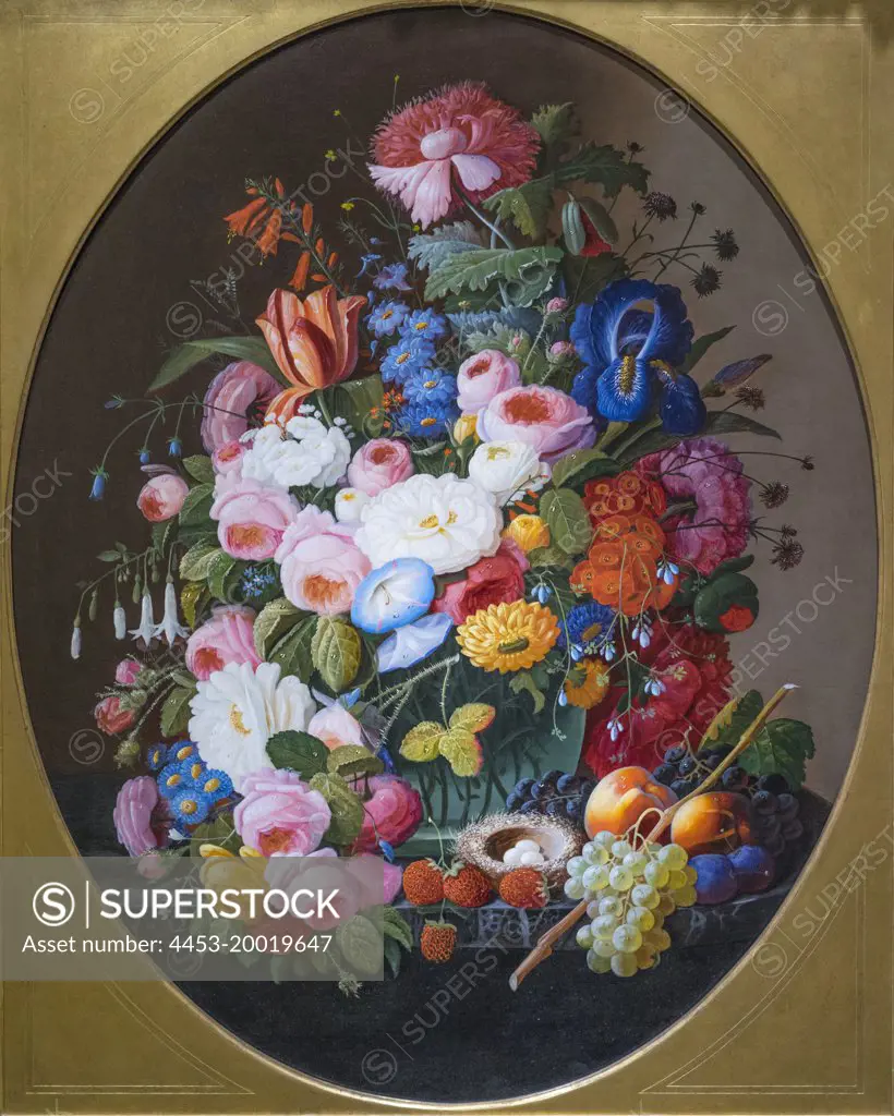 Still life with flowers; fruit and bird's nest by Severin Roesen (circa 1816 - circa 1872); Oil on canvas; Circa 1865 