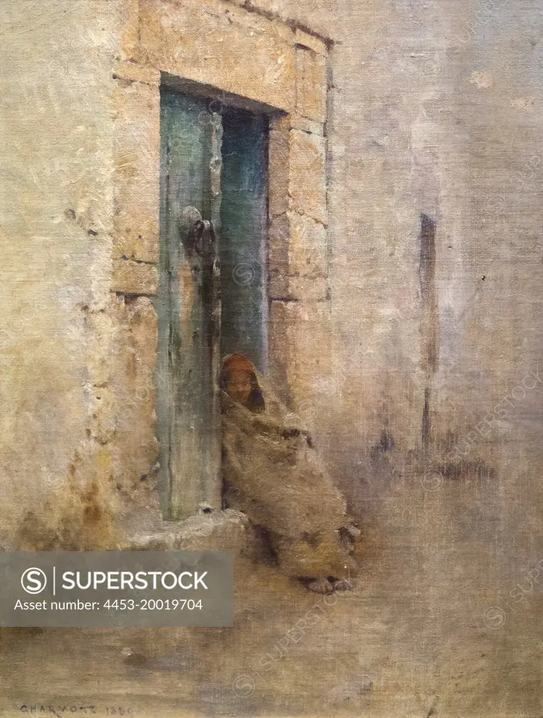 Arab Woman Sitting in a Doorway by Eugene Louis Charvot; Oil on canvas; 1889