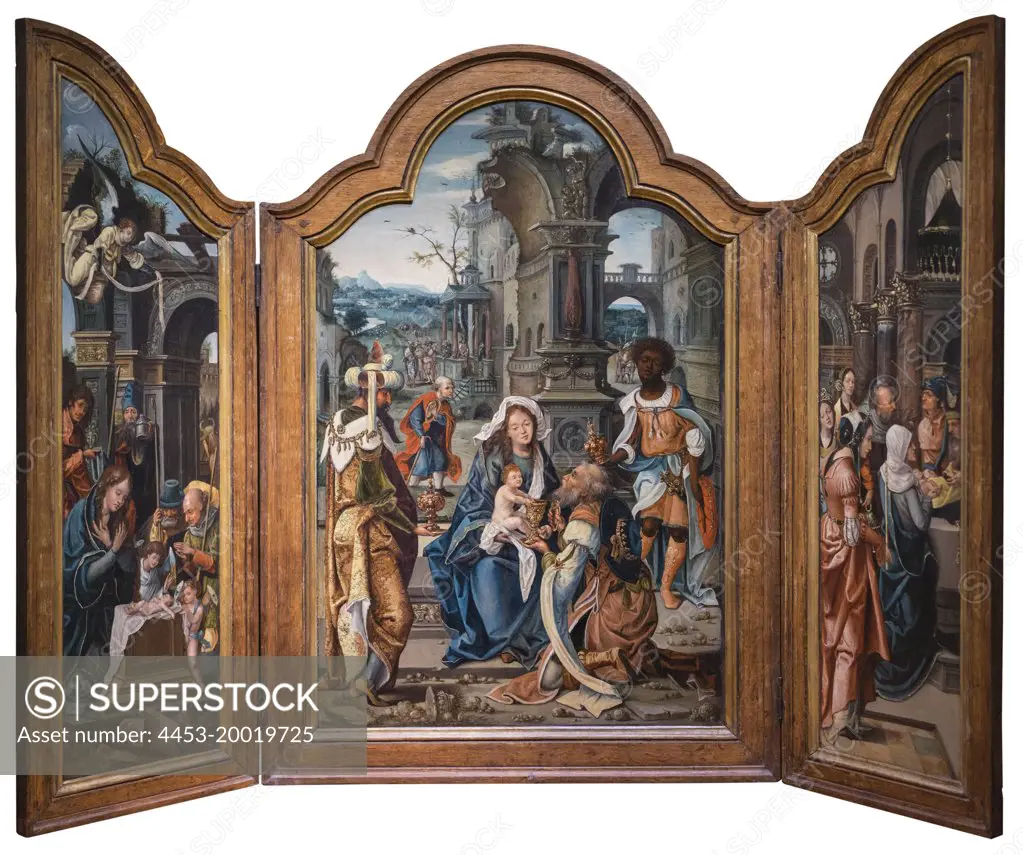 Triptych Altarpiece: The Nativity; The Adoration of Kings and the by Pieter Coecke Van Aelst; Oil on panel; 16th century