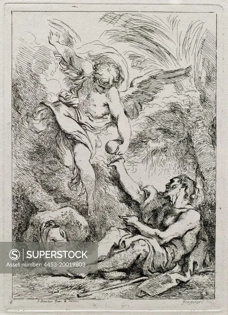 An Angel Bringing Food to Elijah; or Hermit Saint in the Desert by Jean Honore Fragonard; After Francois Boucher; etching; 1735