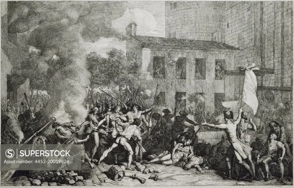 Storming of Bastille on 14 July 1789 by Charles Thevenin (1764 - 1838); Etching; first state of two; 1790