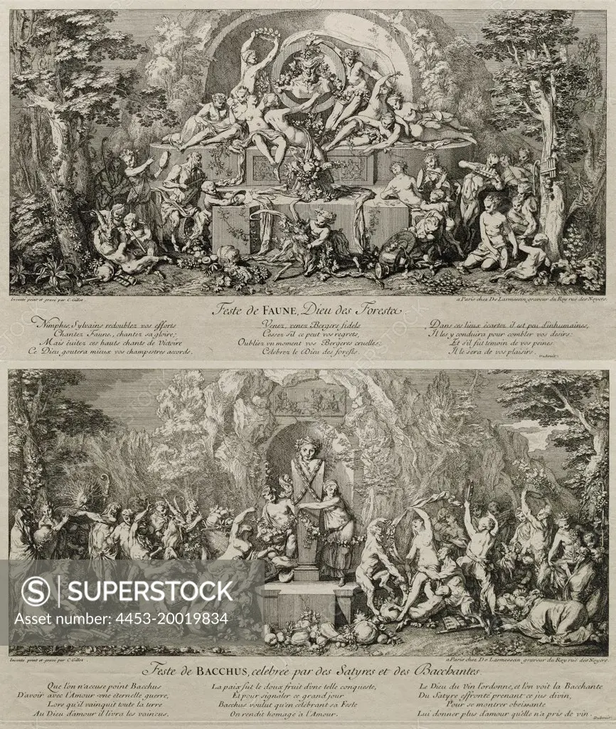 "Two etchings from ""Festivals"" series: Festival of Bacchus; Celebrated by Satyrs and Bacchantes and Festival of Faunus; God of Forest by Claude Gillot (1673 - 1722); Etching with some engraving; before 1728"