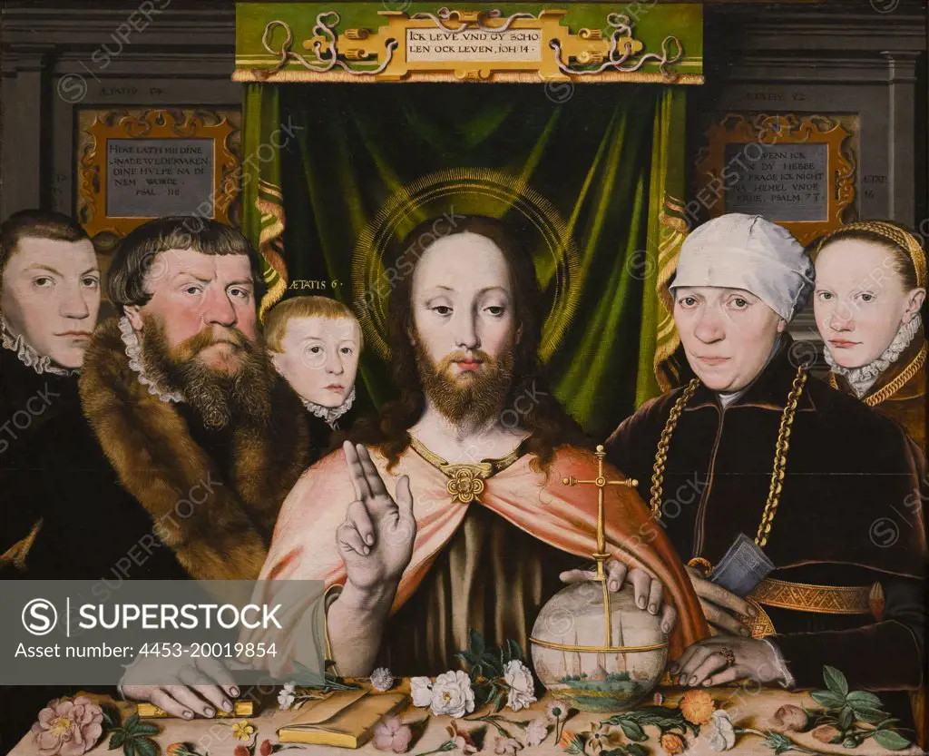 Christ Blessing; Surrounded by Donor Family by Unknown painter (active 1560s - 80s); Oil on Wood; circa 1573 - 82