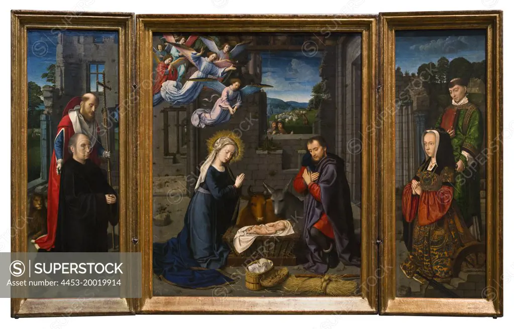 Nativity with Donors and Saints Jerome and Leonard by Gerard David (1455 - 1523); Oil on canvas; transferred from wood; circa 1510 - 15