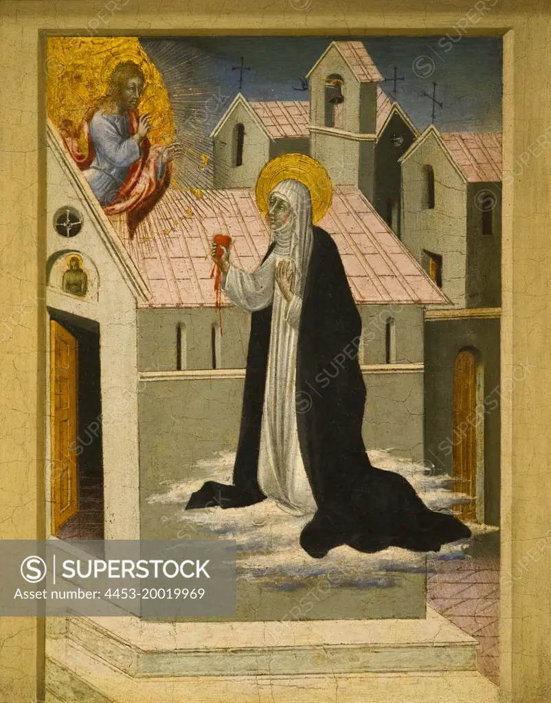 Saint Catherine of Siena Exchanging Her Heart with Christ by Giovanni di Paolo (Giovanni di Paolo di Grazia); Tempera and gold on wood; 15th century