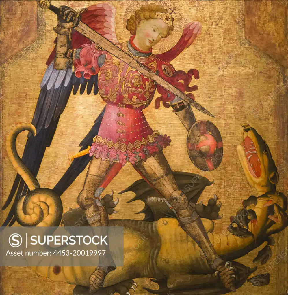 St Michael and the Dragon by Spanish (Valencian) Painter; Tempera on wood; Gold ground; Early 15th century