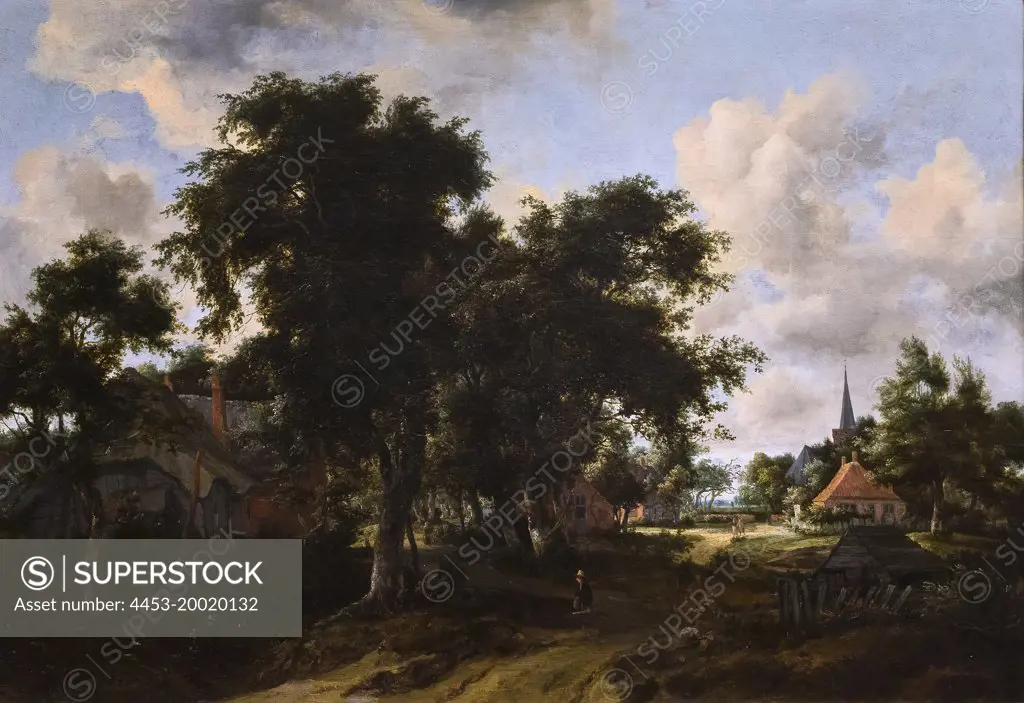 Entrance to village by Meyndert Hobbema (1638 - 1709); Oil on wood; circa 1665