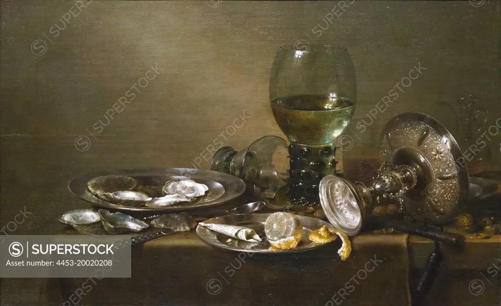 Still Life with oysters silver tazza and glassware by Willem Claesz Heda (1594 - 1680); oil on wood; 1635