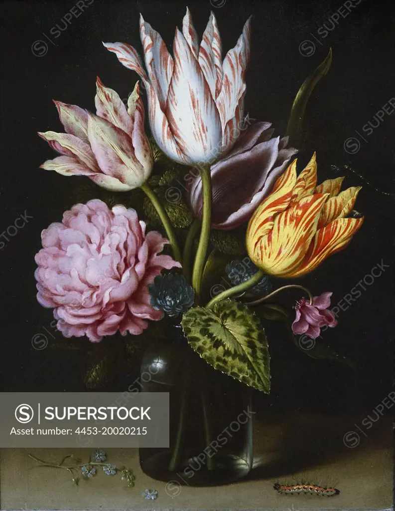 Still Life with bouquet of tulips; rose; clover and cyclamen in green glass bottle by Ambrosius Bosschaert (1573 - 1621); oil on copper; circa 1610 - 15