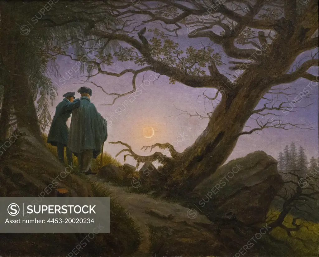 Two men contemplating moon by Caspar David Friedrich (1774 - 1840); oil on canvas; circa 1825 - 30