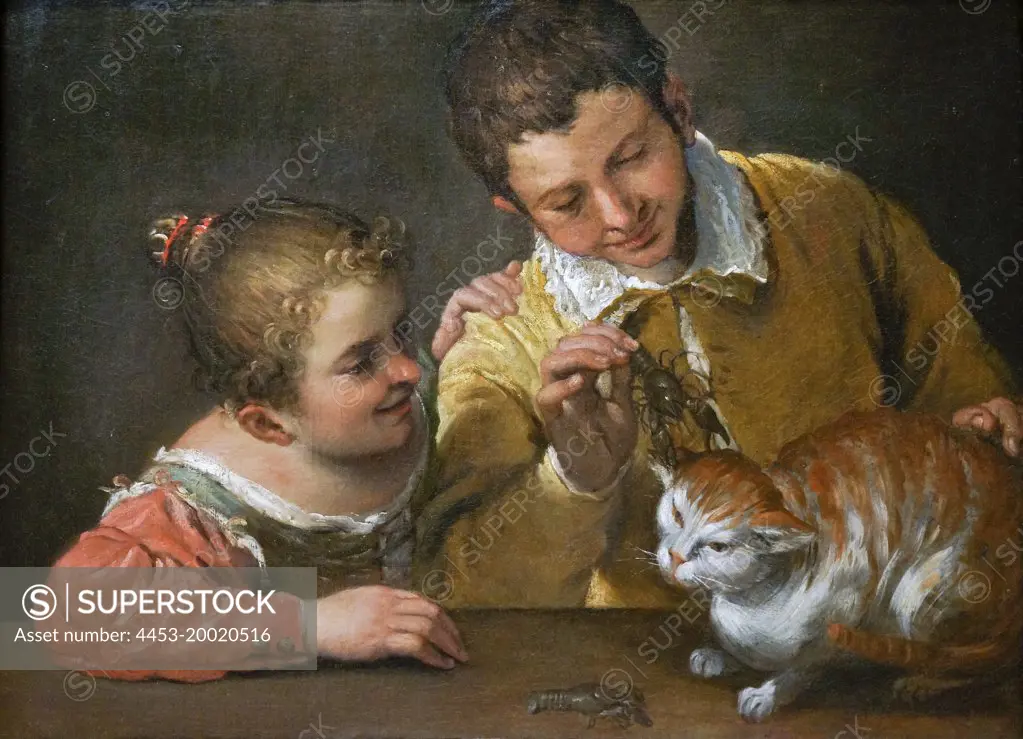 Two Children Teasing Cat by Annibale Carracci (1560 - 1609); Oil on canvas