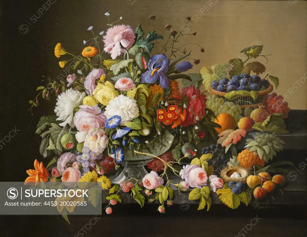 Still Life: Flowers and Fruit by Severin Roesen (active 1848 - 72); Oil on canvas; circa 1850 - 55