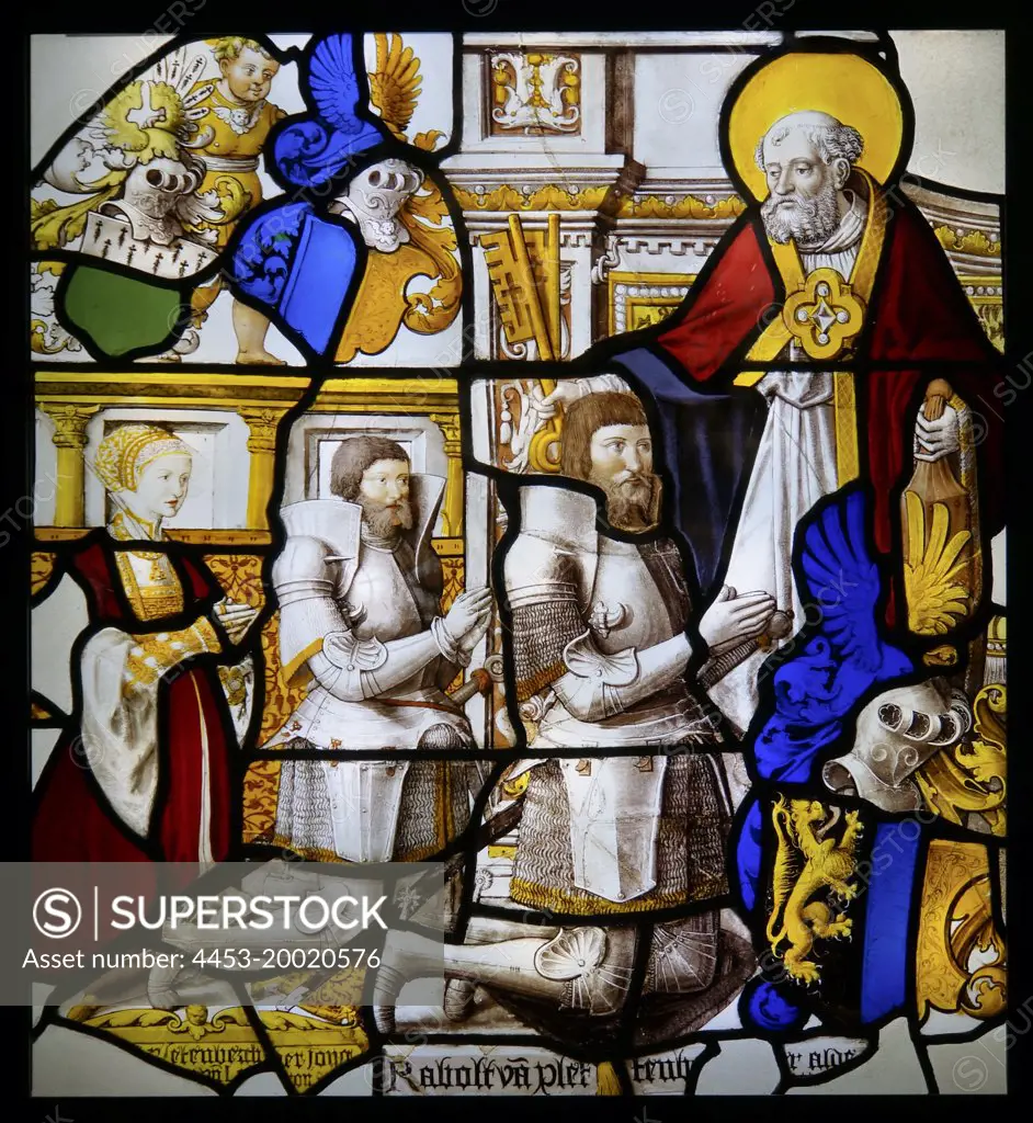 Rabolt II von Plettenberg with his son and daughter - in - low; stained glass