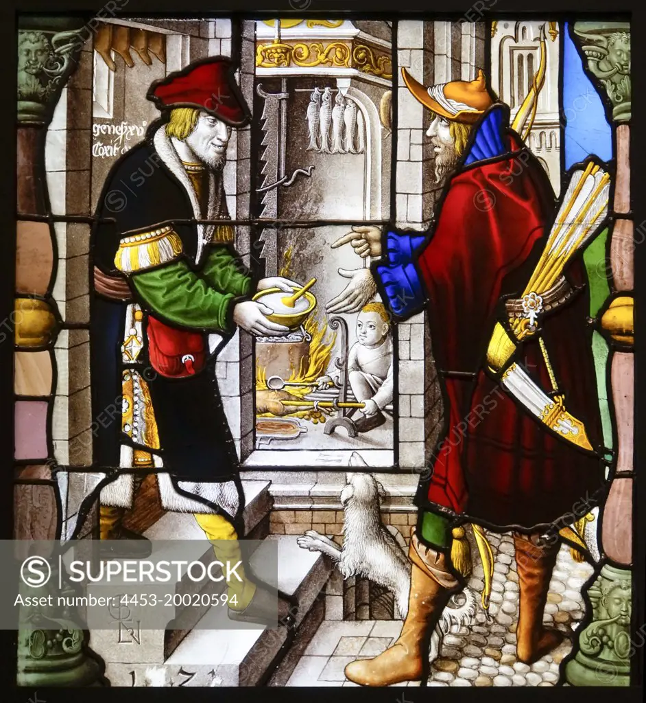 Jacob Tempting Esau; Window from Mariawald Abbey; stains glass