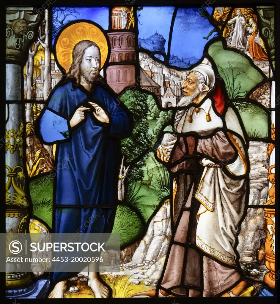 Temptations of Christ; Window from Mariawald Abbey; stained glass