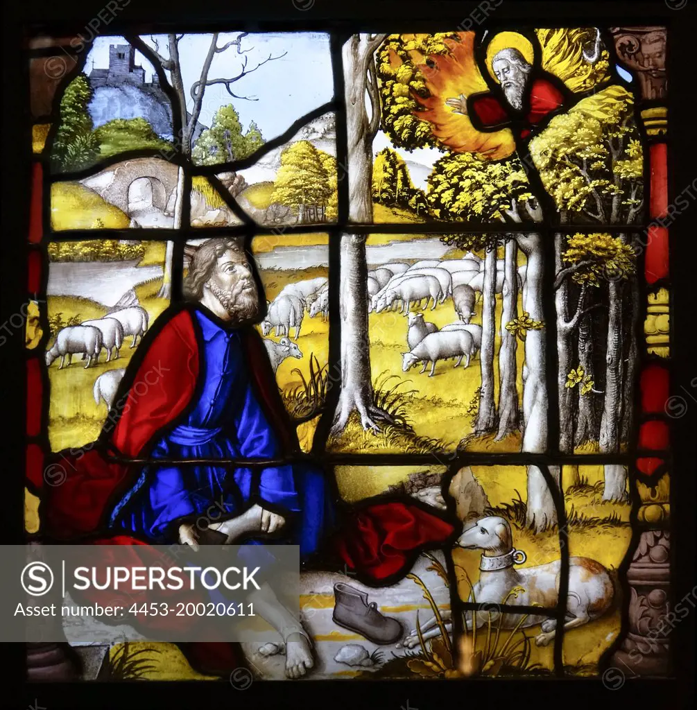 Moses and the Burning Bush by Everhard Rensig or Gerhard Remisch; Germany; Lower Rhine; stained glass; circa1522 - 26