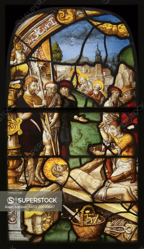 The nailing of Christ to the Cross by Gerhard Remisch (522 - 42); Germany; North Rhine - Westphalia; Steinfeld Abbey; stained glass