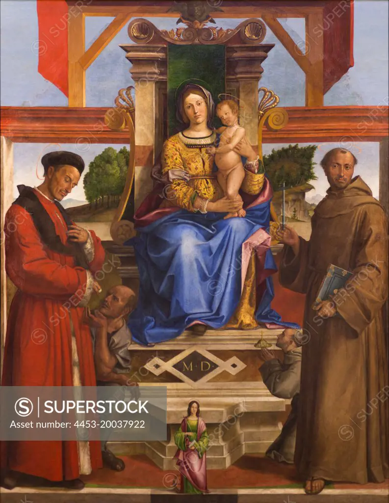 Bartolomeo Montagna; Vicenza; 1450-1523 Vicenza; Virgin and Child Enthroned with St. Homobonus and a Beggar; St. Francis and the Blessed Bernardino of Feltre; St. Catherine