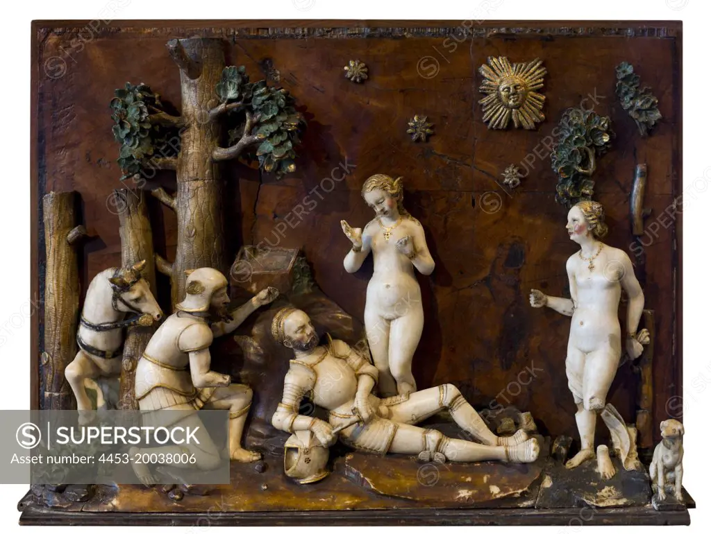 Judgment of Paris ; 1530/40 Alabaster on wood panel. (Monogrammist BG; 1530-1549; aquired 1894 )