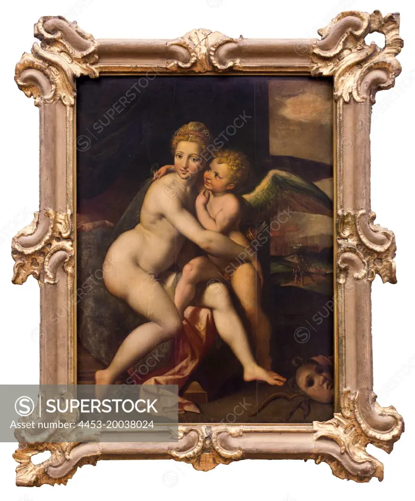 Venus and Cupid. (Jacques de Backer; Antwerp; about 1540/45-vor 1600 Antwerp; oak wood) in gold frame