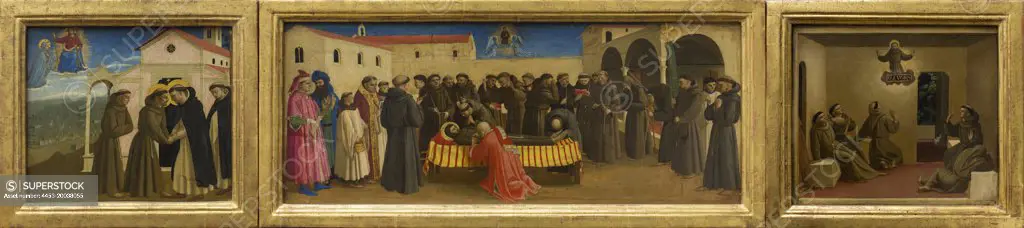 Three parts of a Predella. 1429. (Fra Angelico; 1395 in Mugello in Florence -1455 Rome; The meeting of Sts Dominic and St. Francis.; The funeral Mass for St. Francis.; The appearance of the St. Francis in Arles.)