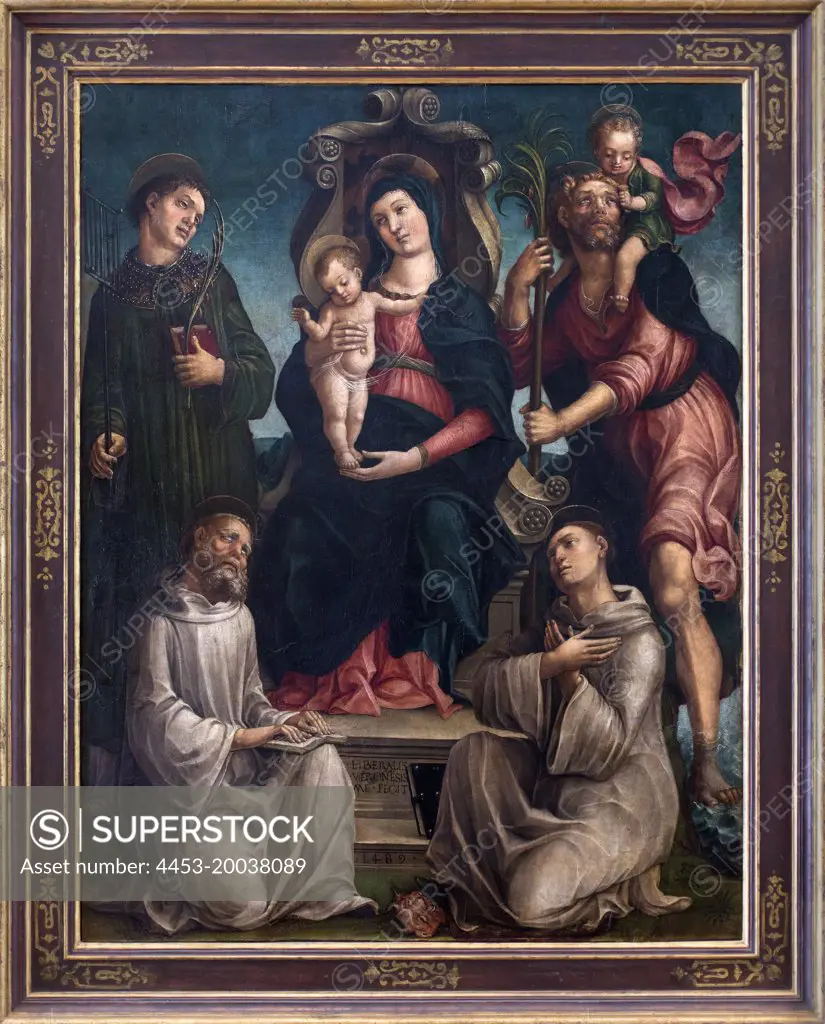 Mary Enthroned with the Child and Saints. Benedict; Lawrence; Bernard of Clairvaux and Christopher. 1489. (Liberal da Verona; 1445-1527 To / 29 Verona)