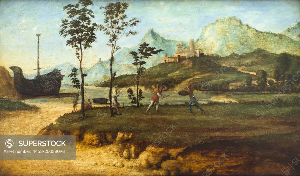 Coastal landscape with two fighting men. 1510/15. (Cima da Conegliano 1459- 1517 )
