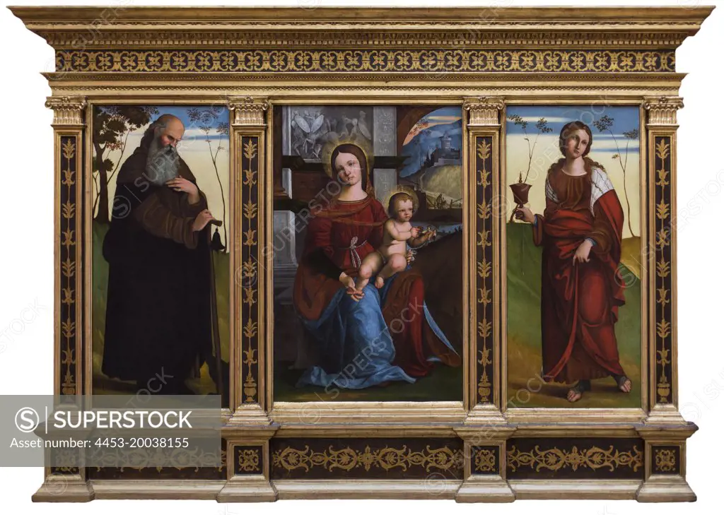 Triptych. 1509. (Lodovico Mazzolino; 1480-1528 ; Left: St. Anthony the Hermit. Middle: Madonna and Child Right: The St. Mary Magdalene.)