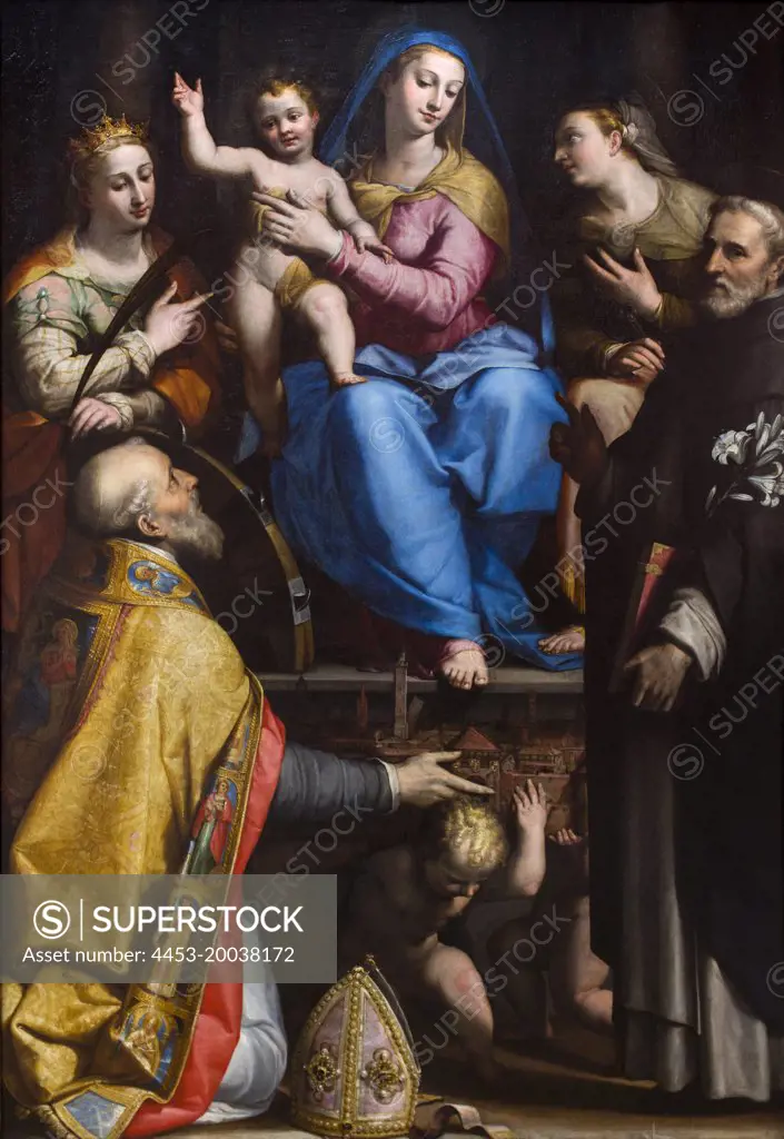 Enthroned Madonna with the blessing Child and Sts. Petronius; Catherine of Alexandria; dominikus and Apollonia. C. 1570/73. (Lorenzo Sabbatini; Around 1530 Bologna - 1576 Rome)