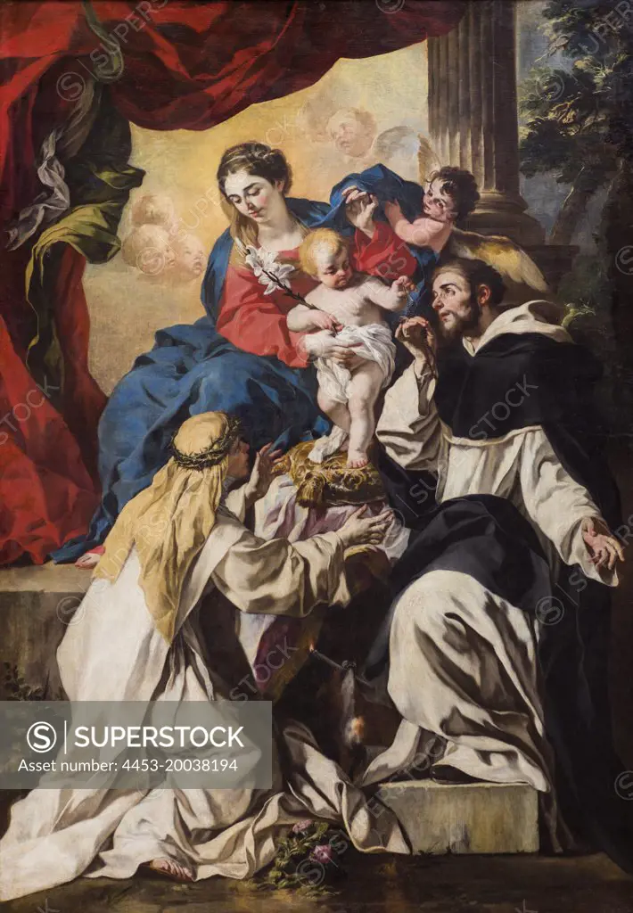 Enthroned Madonna with Child; St. Dominic and St. Catherine of Siena. (Madonna of the Rosary). C. 1680/81. (Francesco Solimena 1657 Nocera; -1747 Barra; near Naples)