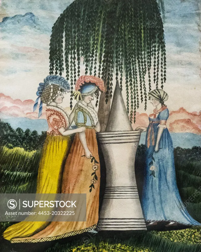 Three Women Standing by a Funerary Mononeent; 1800-10 Watercolor and graphite Eunice Griswold Holcombe Pinney; American; 1770-1825