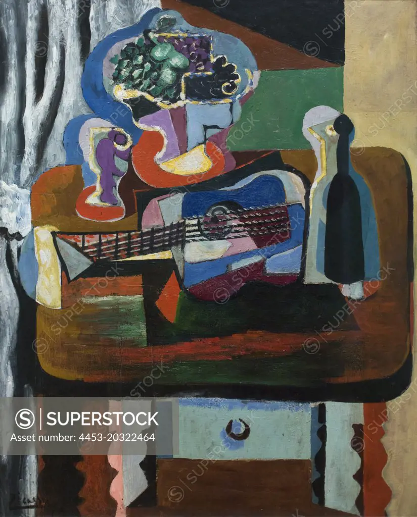 Glass; Flowers; Guitar and Bottle. (Pablo Picasso; 1881 - 1973; 1919; Oil on canvas)