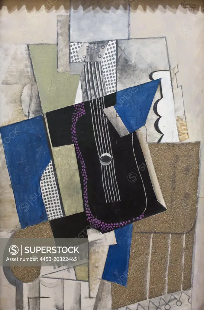 Guitar and Newspaper. (Pablo Picasso; 1881 - 1973; 1916; Ol und Sand auf Leinwand)