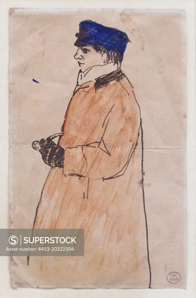 Self portrait with Peaked Cap. (Pablo Picasso; 1881 - 1973; 1904-05; Ink und Aquarell auf Papier)