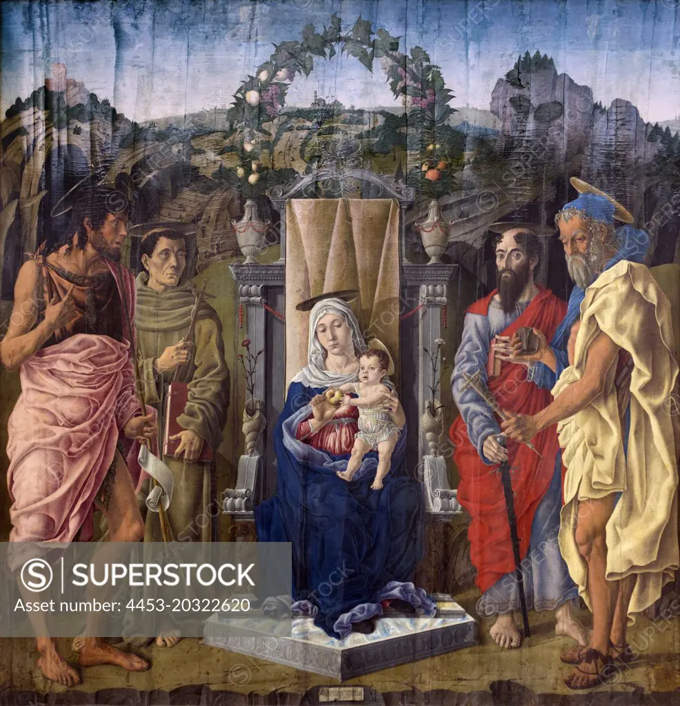 Enthroned Madonna with Child and Sts. John d. T.; Francis of Assisi; Paul and Jerome. 1471. (Marco Zoppo 1433 Cen1478 Venice)